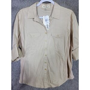 Hester & Orchard Top Womens Size XL‎ Sand Button Up Roll Tab Stretch Pockets NWT